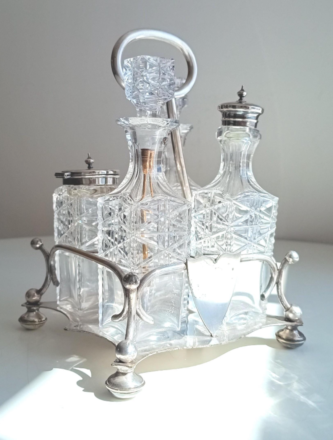 Antique Silver Plate Cruet Stand: Cut Glass Bottles, Cayenne Pepper Server, James Dixon, 1890s