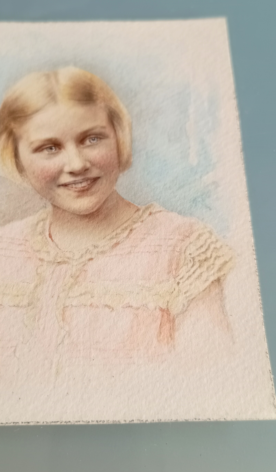 Antique Hand-Finished Pastel Miniature Portrait: Blond Girl, Turquoise Gilt Tabletop Frame