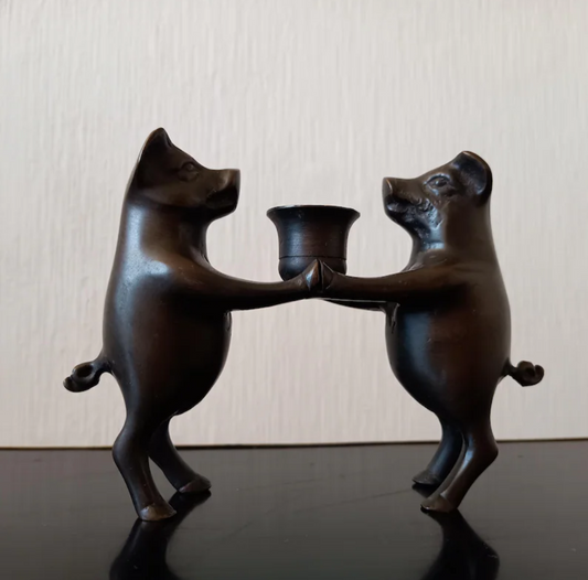 Novelty Zoomorphic Figural Castle Core Candle Holder: Bronzed Metal Dancing Pigs Holding Hands