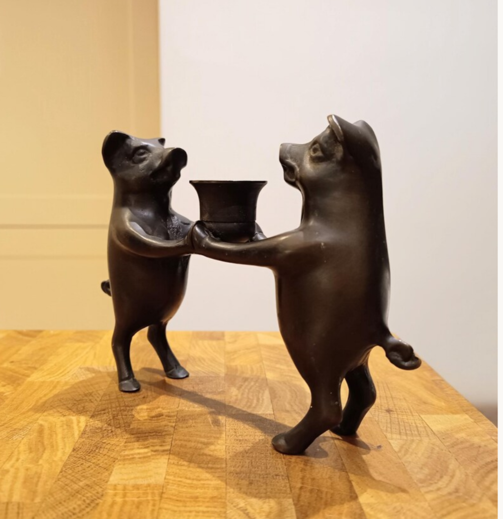 Novelty Zoomorphic Figural Castle Core Candle Holder: Bronzed Metal Dancing Pigs Holding Hands