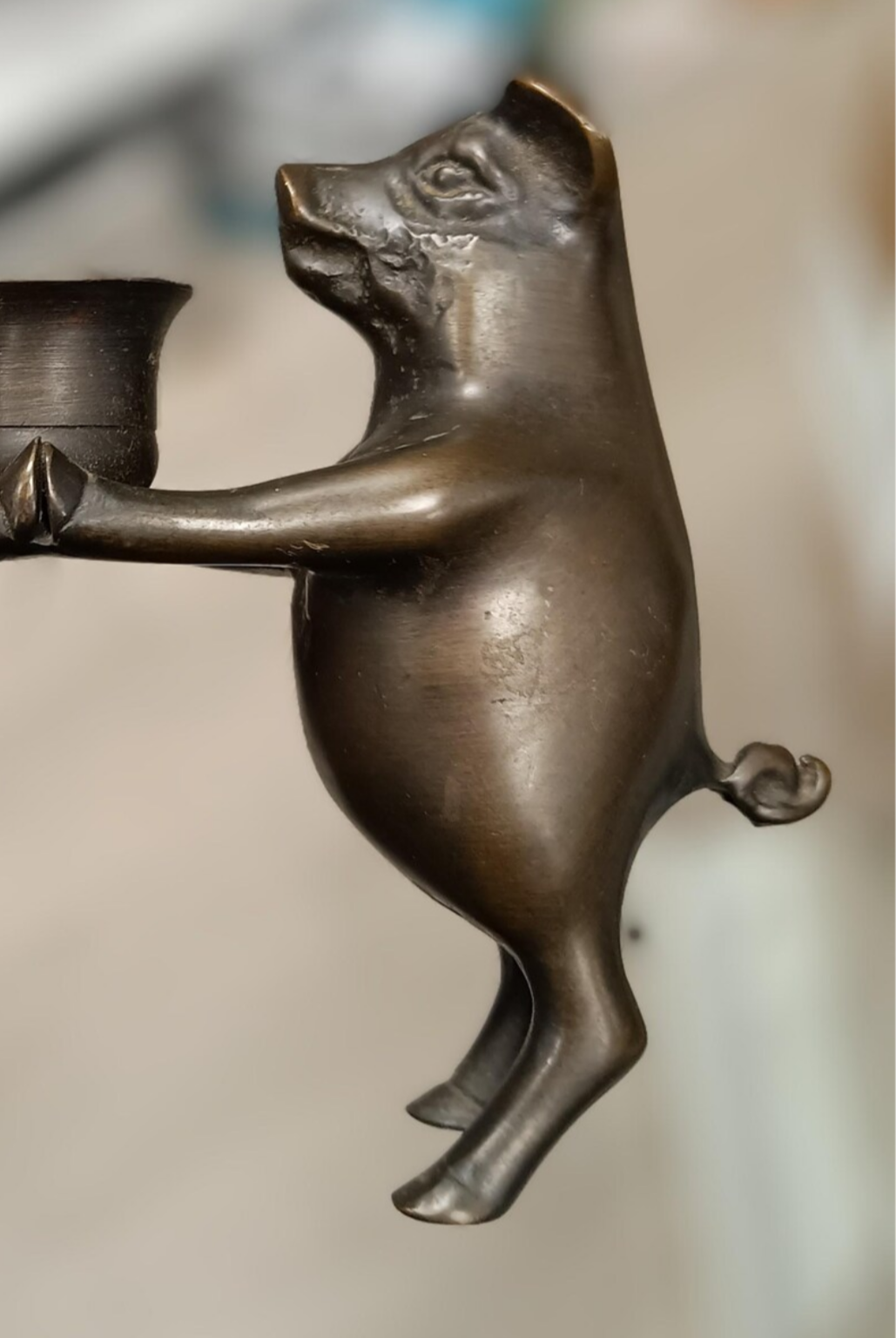 Novelty Zoomorphic Figural Castle Core Candle Holder: Bronzed Metal Dancing Pigs Holding Hands