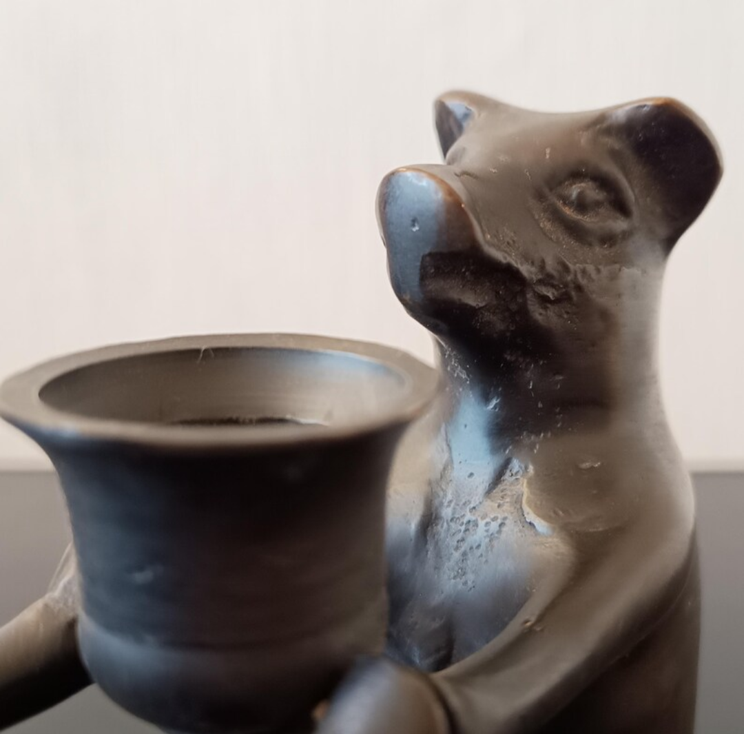 Novelty Zoomorphic Figural Castle Core Candle Holder: Bronzed Metal Dancing Pigs Holding Hands