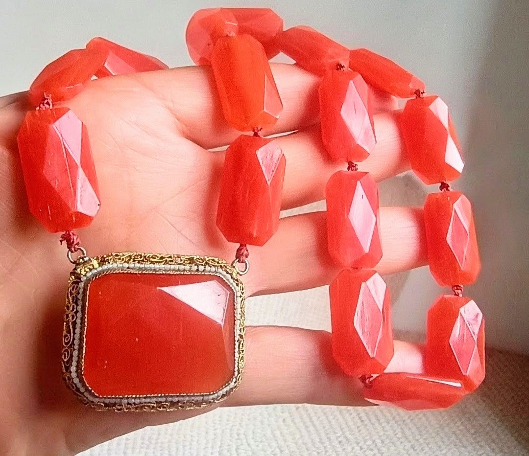 Antique Natural Carnelian Agate Chunky Necklace, Filigree Clasp, Victorian to early Art Deco