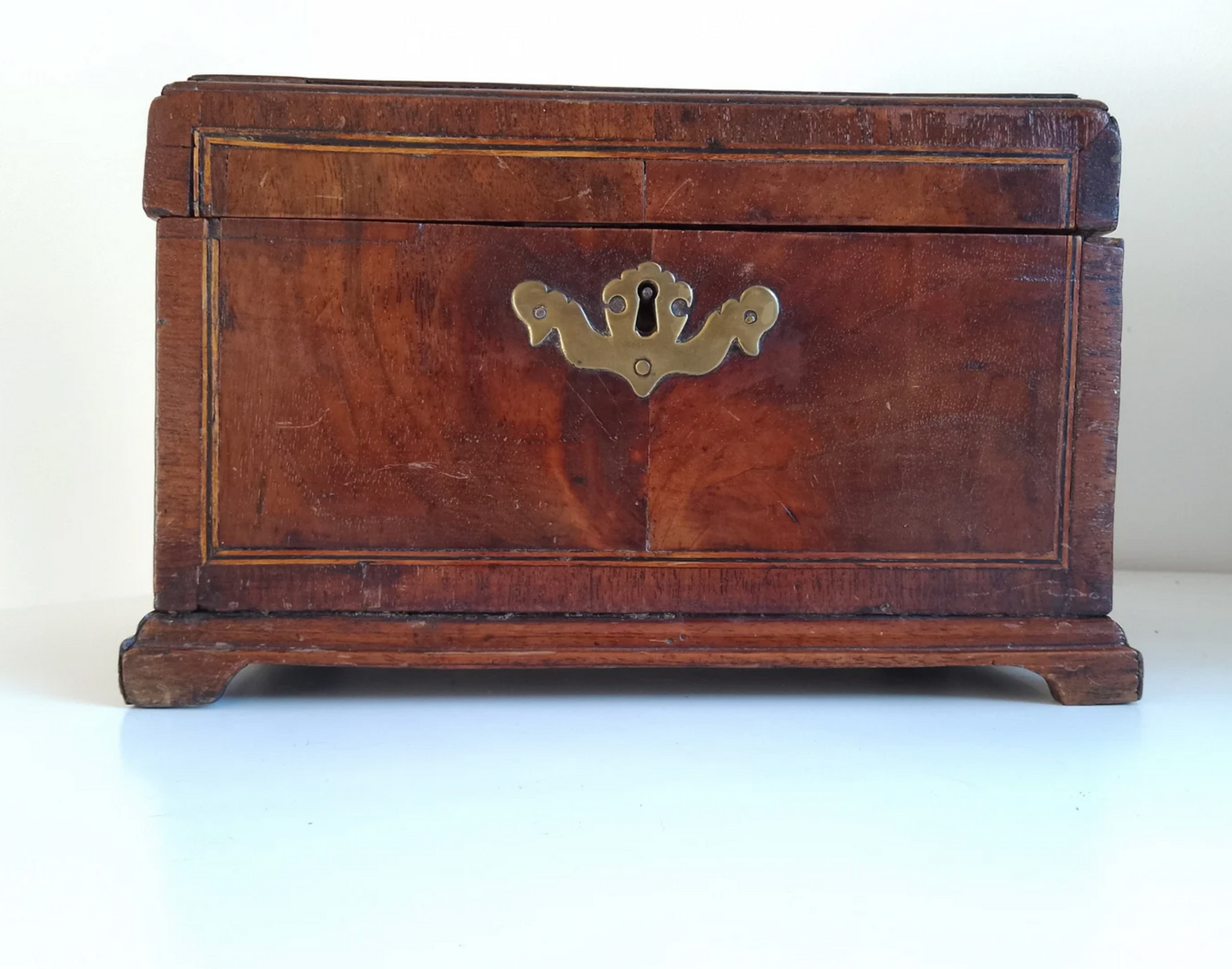 Antique Georgian Tea Chest or Caddy with original Brass Swan Neck Handle and Escutcheon, circa mid 18th Century