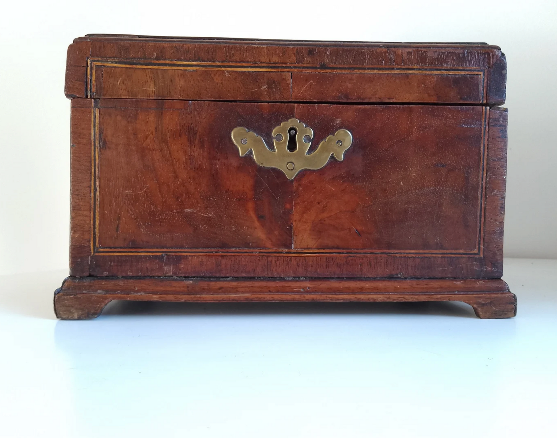 Antique Georgian Tea Chest or Caddy with original Brass Swan Neck Handle and Escutcheon, circa mid 18th Century
