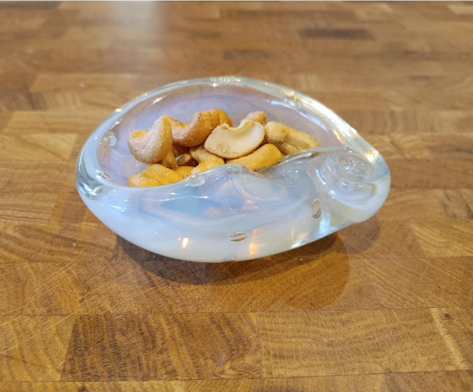 Authentic Vintage Midcentury Murano Opalescent  Art Glass Bowl with Controlled Bubbles in Off White with Rainbow Pink and Yellow Flare