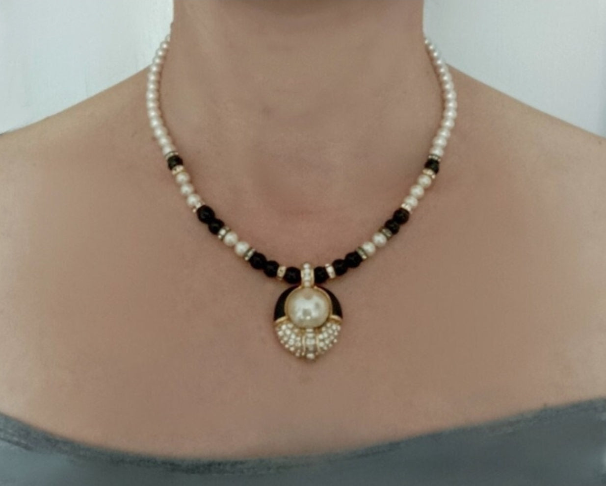 1980s Christian Dior Gold-Plated Necklace with Faux Pearls & Swarovski Crystals – Made in Germany