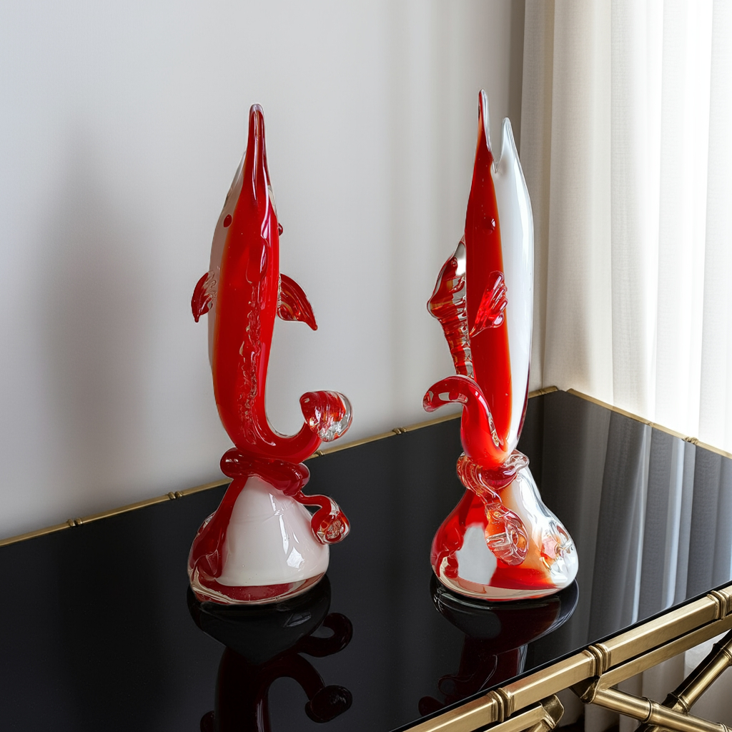 Cased Ruby over Opaque Lattimo Art Glass Solifleur Murano Swordfish Vases amber rigaree fins, lobed foot, pontil,  Alfredo Barbini style