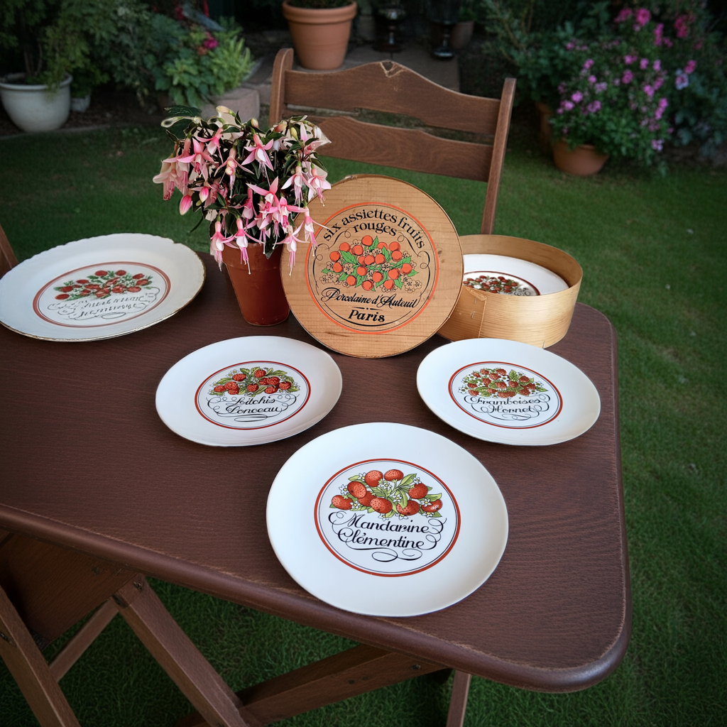 1970s Boxed French Vintage Porcelain Plates Red Fruits Porcelaine D'Auteuil