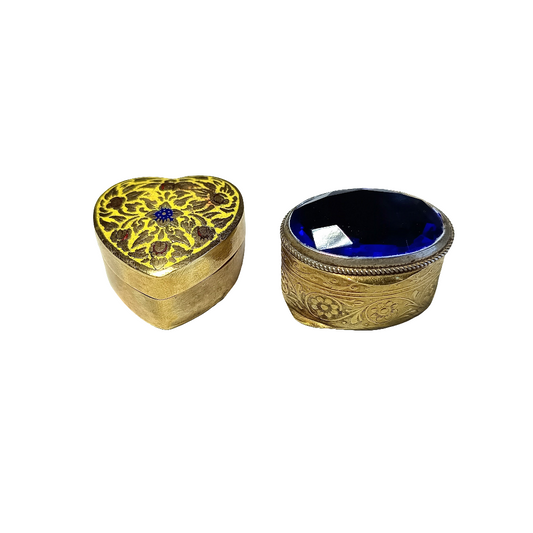 Two Vintage Pill Boxes or Miniature Trinket Cases one marked Italy Blue Faceted Glass Lid