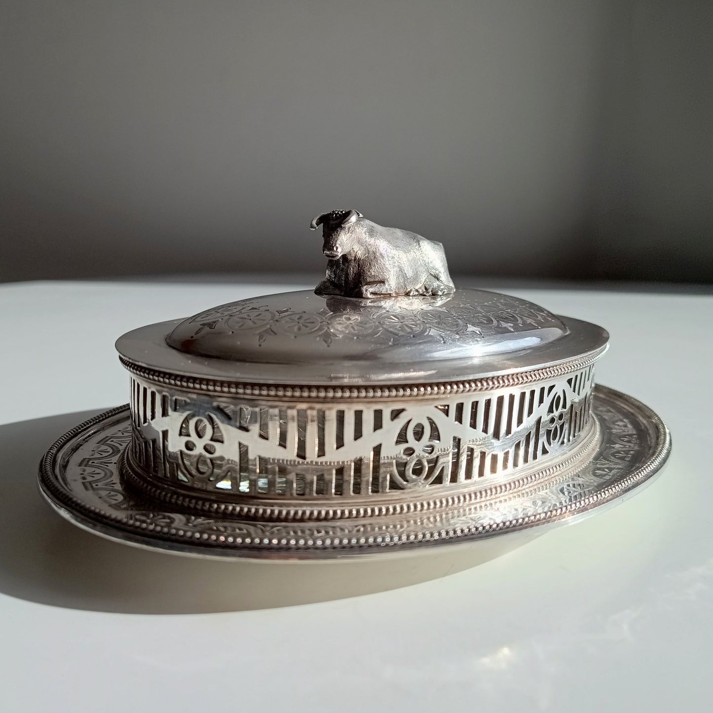 Victorian Novelty Zoomorphic Cow Silver Plate Butter Serving Dish: Martin Hall, Sheffield 1860