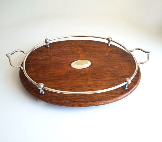 Antique Victorian Oak Silver Plate Ships Style Tray: Ball & Rail Gallery, Bun Feet