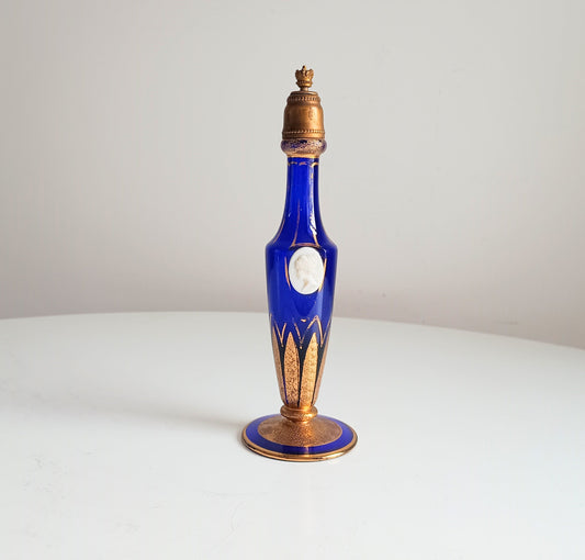 Art Glass Perfume Bottle in the style of Moser: Applied White Opaline Uranium Glass Cameo, Etched Gilding, Brass Mount