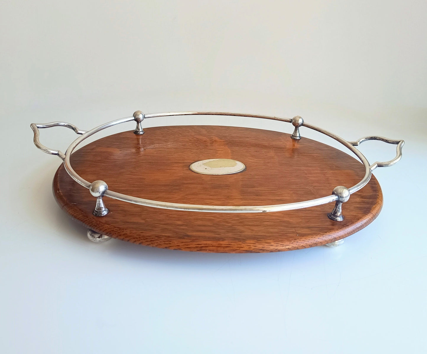 Antique Victorian Oak Silver Plate Ships Style Tray: Ball & Rail Gallery, Bun Feet