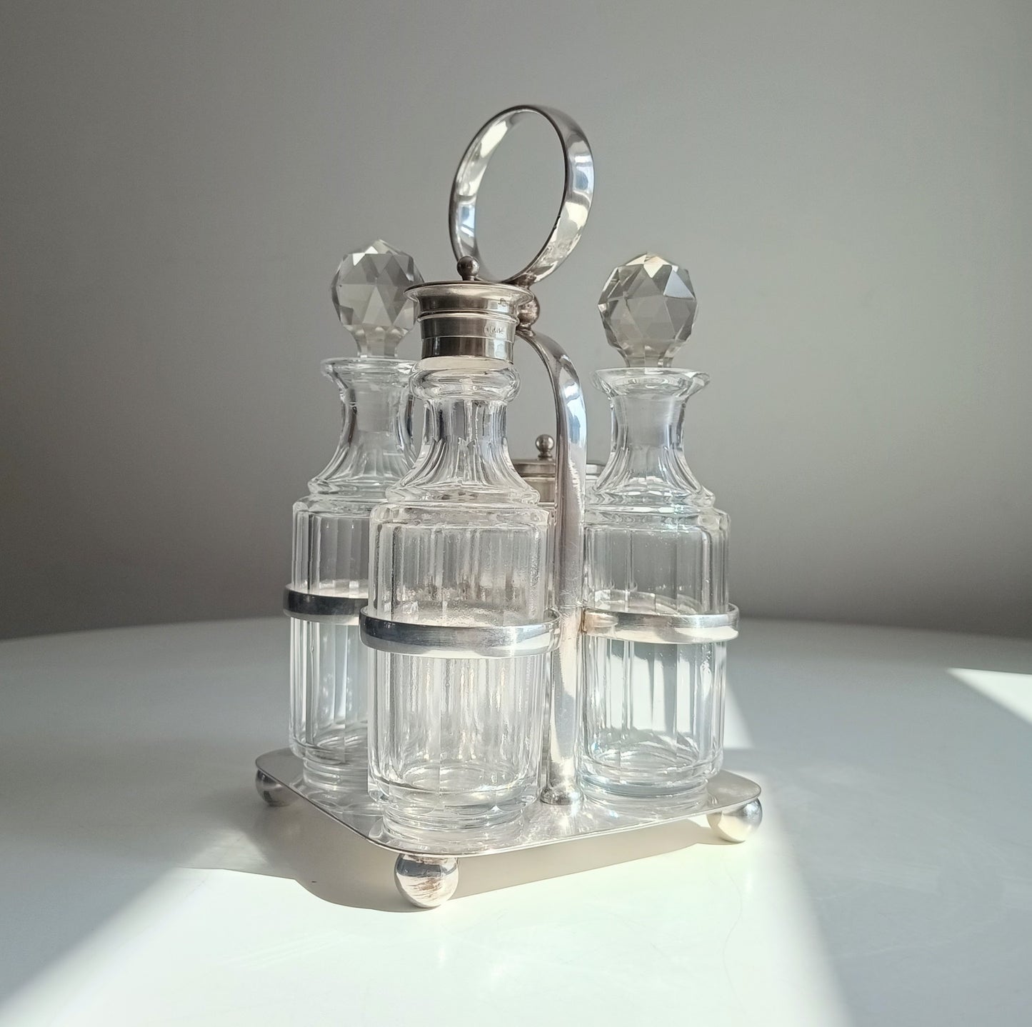 Antique Georgian Style Silver Plate Cruet Stand & 4 Cut Glass Condiment Bottles, England