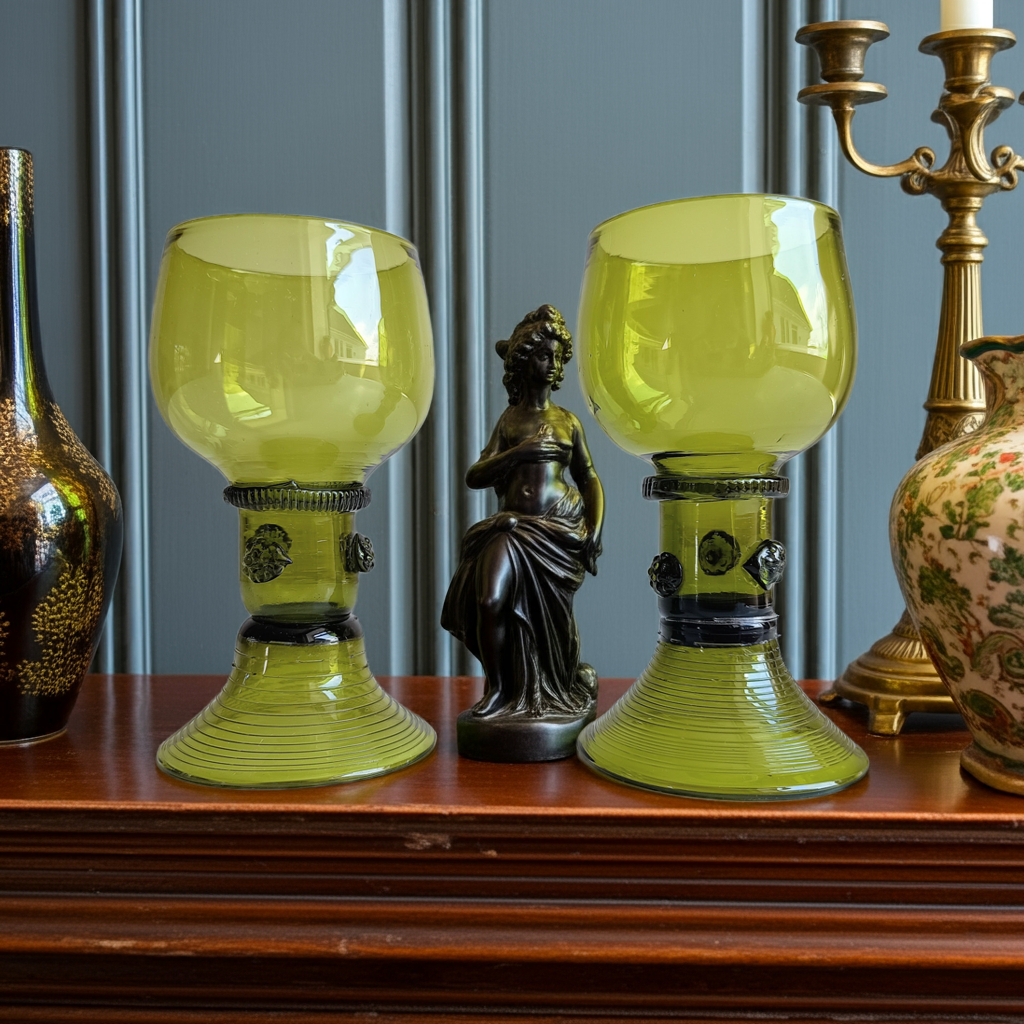 Pair of Hand Blown Olive Green Crystal Rummer or Roemer Glasses for White Wine Glasses – Georgian Style, Raspberry Prunts & Spiral Decor