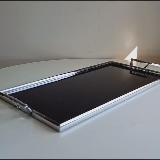 Maison Baguès – style Mid-Century Modern tray - deep black Vitrolite pressed glass with faux bamboo chromed brass handles