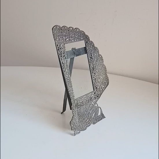 Antique Art Nouveau Jugendstil Faux Filigree Curtain Shaped Tabletop Easel Stand Toleware Photo Frame