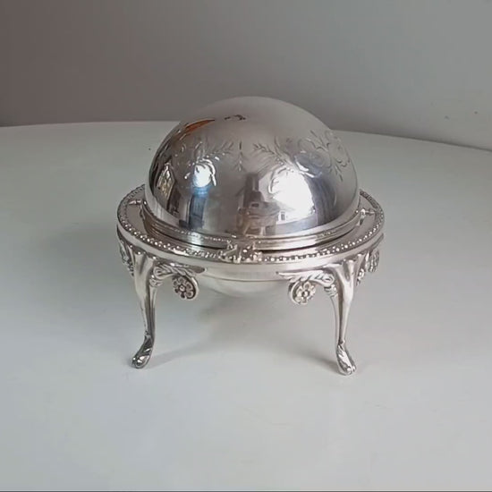 Vintage English Silver Plate Footed Domed Caviar or Butter Dish with Hand Engraved Rollover Cover Art Nouveau Style