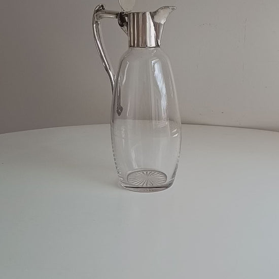Art Nouveau Claret Jug with Star Cut Crystal Base Silver Whiplash Curve Silver Handle Monogram CW or WC by Mappin and Webb