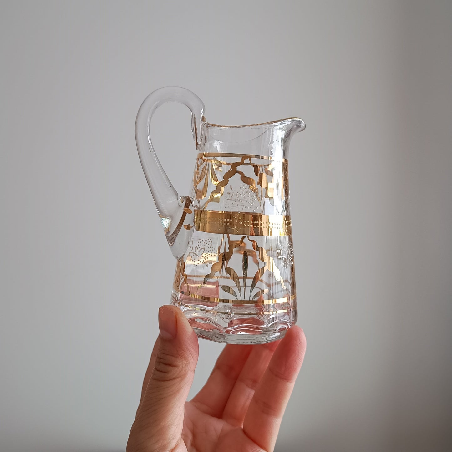 Small Edwardian English Hand Blown Art Glass Small Creamer Jug with Gilding early 20th century 