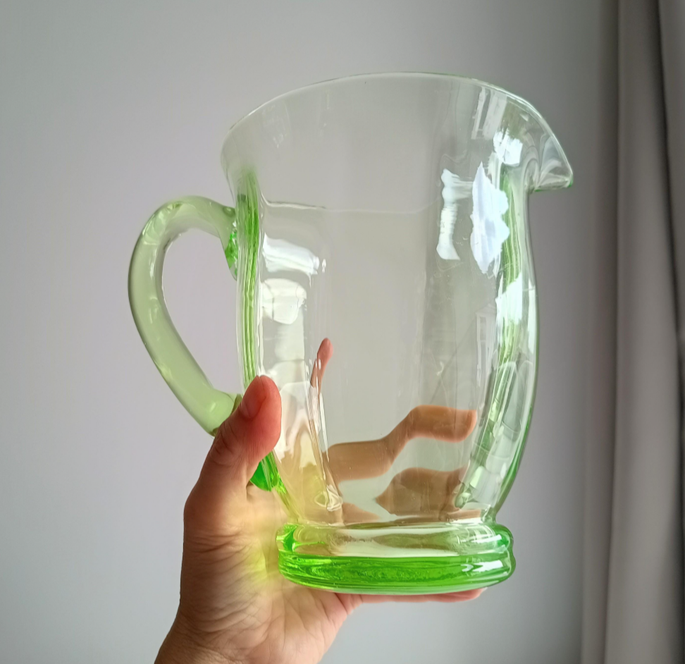Genuine Vintage English Art Deco Blown Uranium Optic Glass Lemonade / Juice Jug / Pitcher With Handle, 1930s