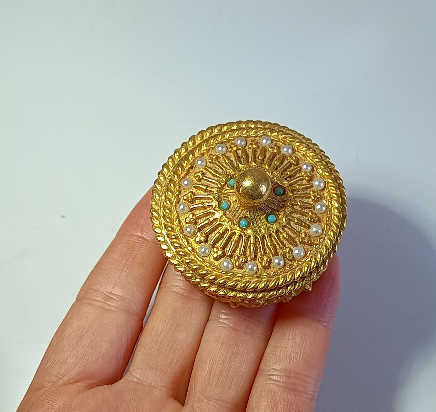 Vintage Mirella Faux Turquoise Seed Pearl Pill Box or Trinket Ring Box made in England c 1960s