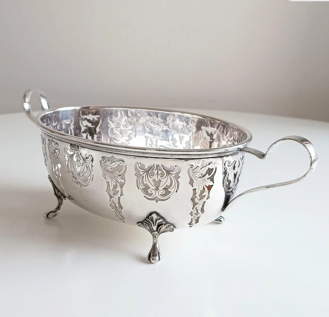 Antique Silver Plate Salad Serving Bowl: Curved Handles, Acanthus Feet, Belle Epoque