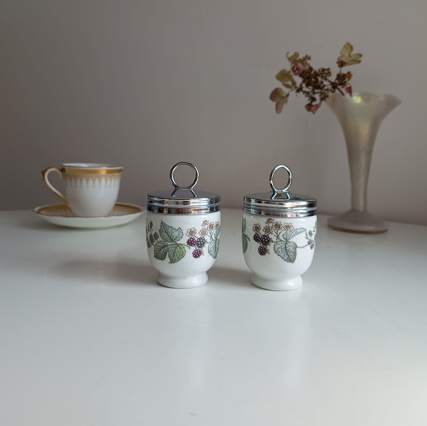 Pair of Vintage Royal Worcester Porcelain Egg Coddlers with Silver Tone Lids Blackberry Pattern Lavinia