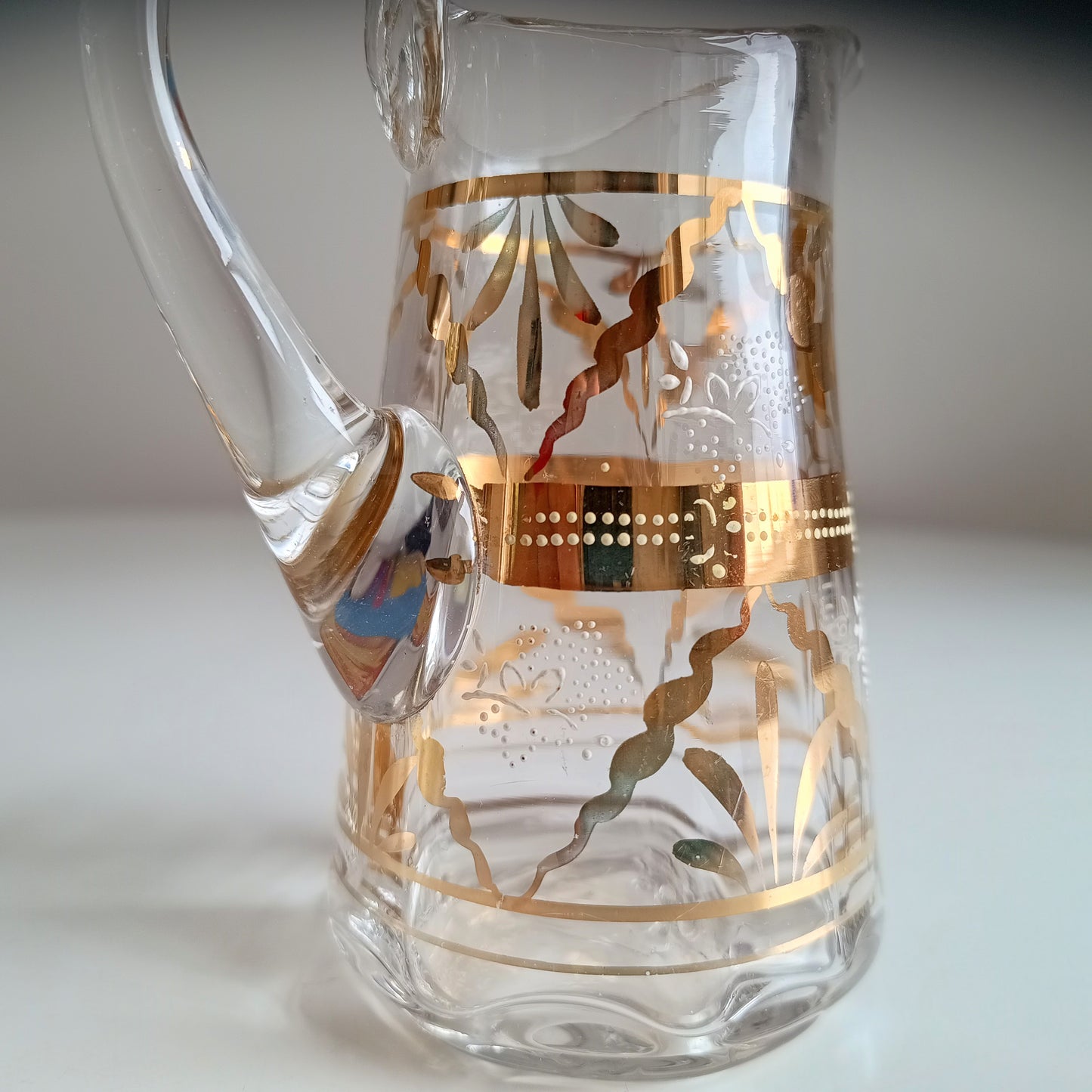 Small Edwardian English Hand Blown Art Glass Small Creamer Jug with Gilding early 20th century 