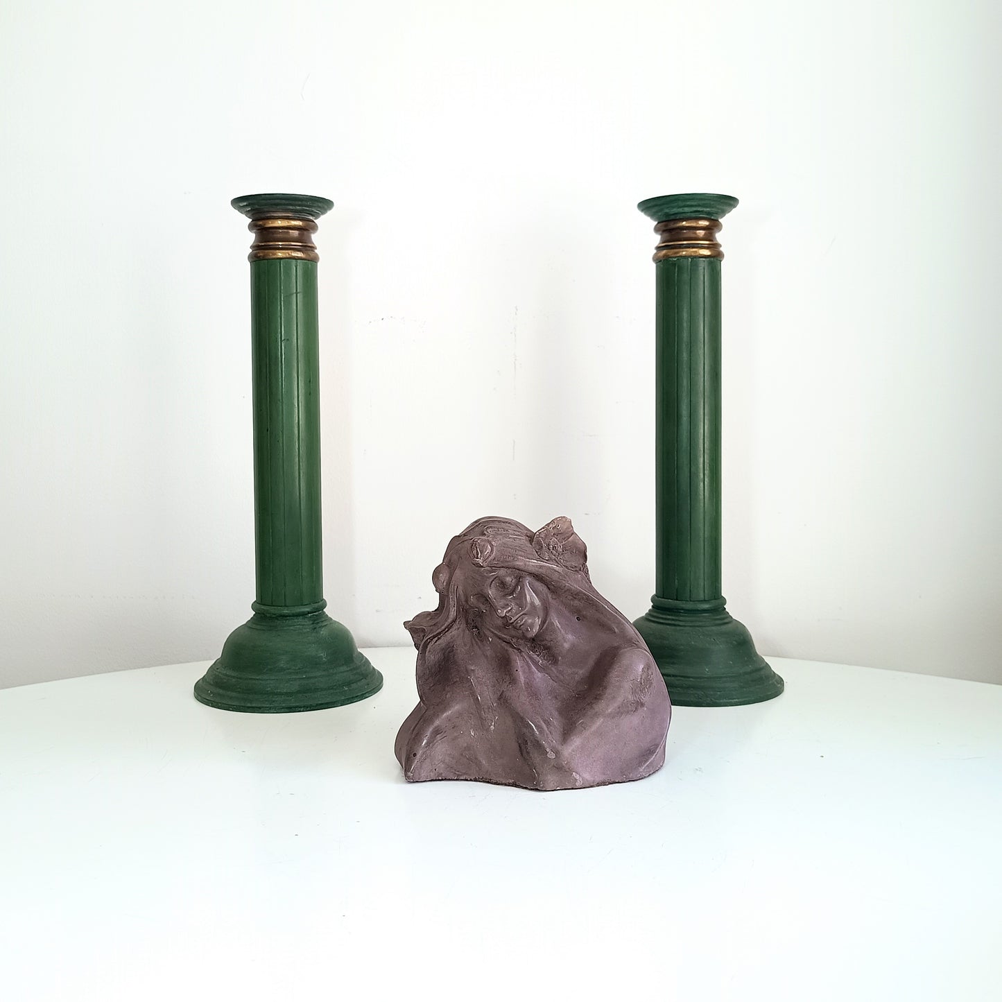 Pair of Grand Heavy Bronze Neoclassical Column 3-Part Candlesticks in the style or by Jacques Adnet c 1930s Empire Revival Art Deco France