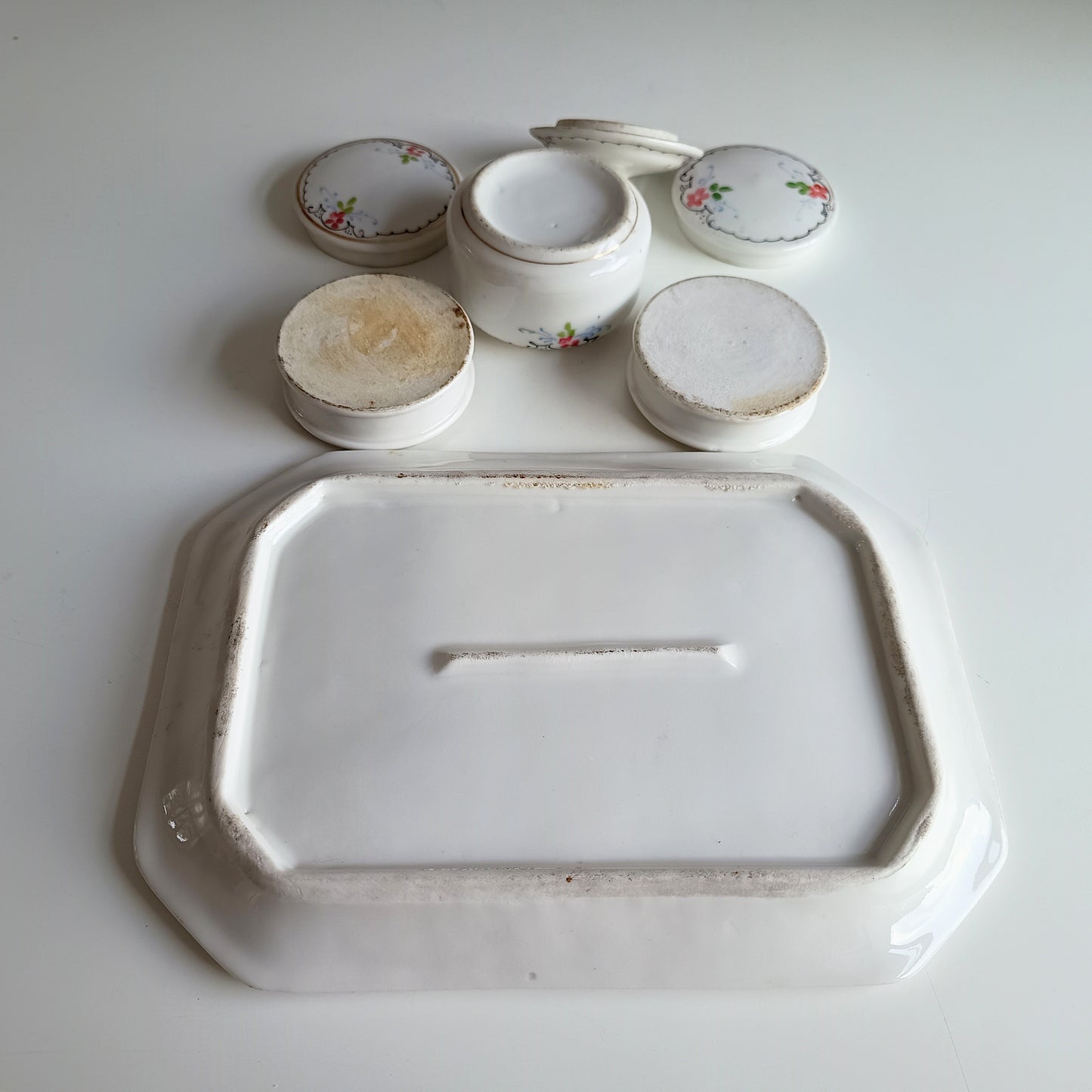 19 century French Porcelain Set of Hand-Painted Tray and 3 Lidded Pots in the Style of Limoges for Display or for Table Serving