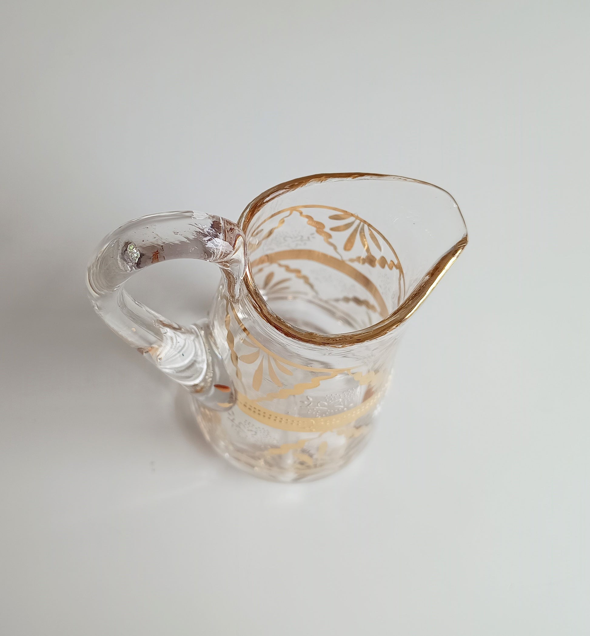 Small Edwardian English Hand Blown Art Glass Small Creamer Jug with Gilding early 20th century 