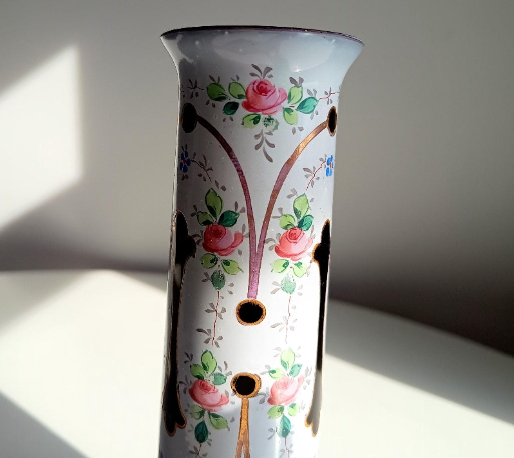 Biedermeier Harrach Black Opaline Glass Column Vase Enamelled in White by Moser - Rose Garlands, Cut-out Edges Antique Bohemia Silesia 1880s