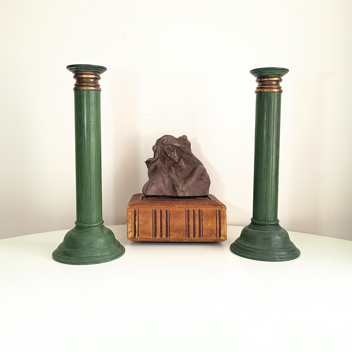 Pair of Grand Heavy Bronze Neoclassical Column 3-Part Candlesticks in the style or by Jacques Adnet c 1930s Empire Revival Art Deco France