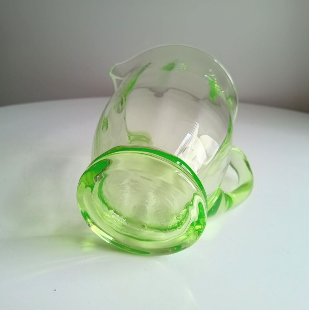 Genuine Vintage English Art Deco Blown Uranium Optic Glass Lemonade / Juice Jug / Pitcher With Handle, 1930s