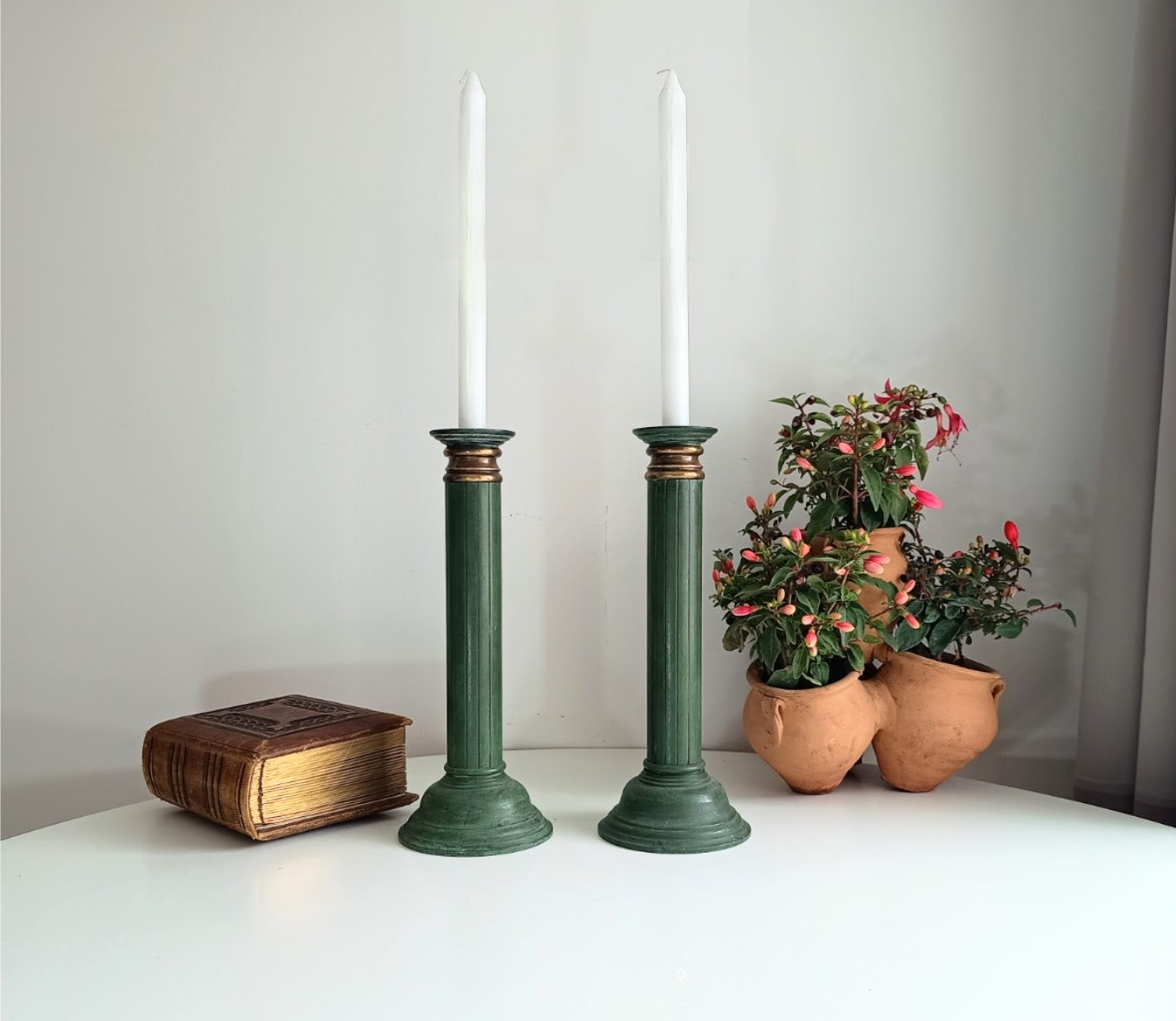 Pair of Grand Heavy Bronze Neoclassical Column 3-Part Candlesticks in the style or by Jacques Adnet c 1930s Empire Revival Art Deco France