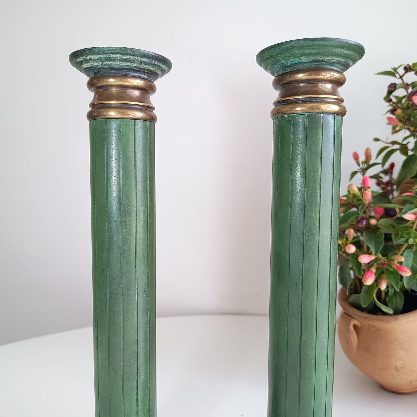Pair of Grand Heavy Bronze Neoclassical Column 3-Part Candlesticks in the style or by Jacques Adnet c 1930s Empire Revival Art Deco France