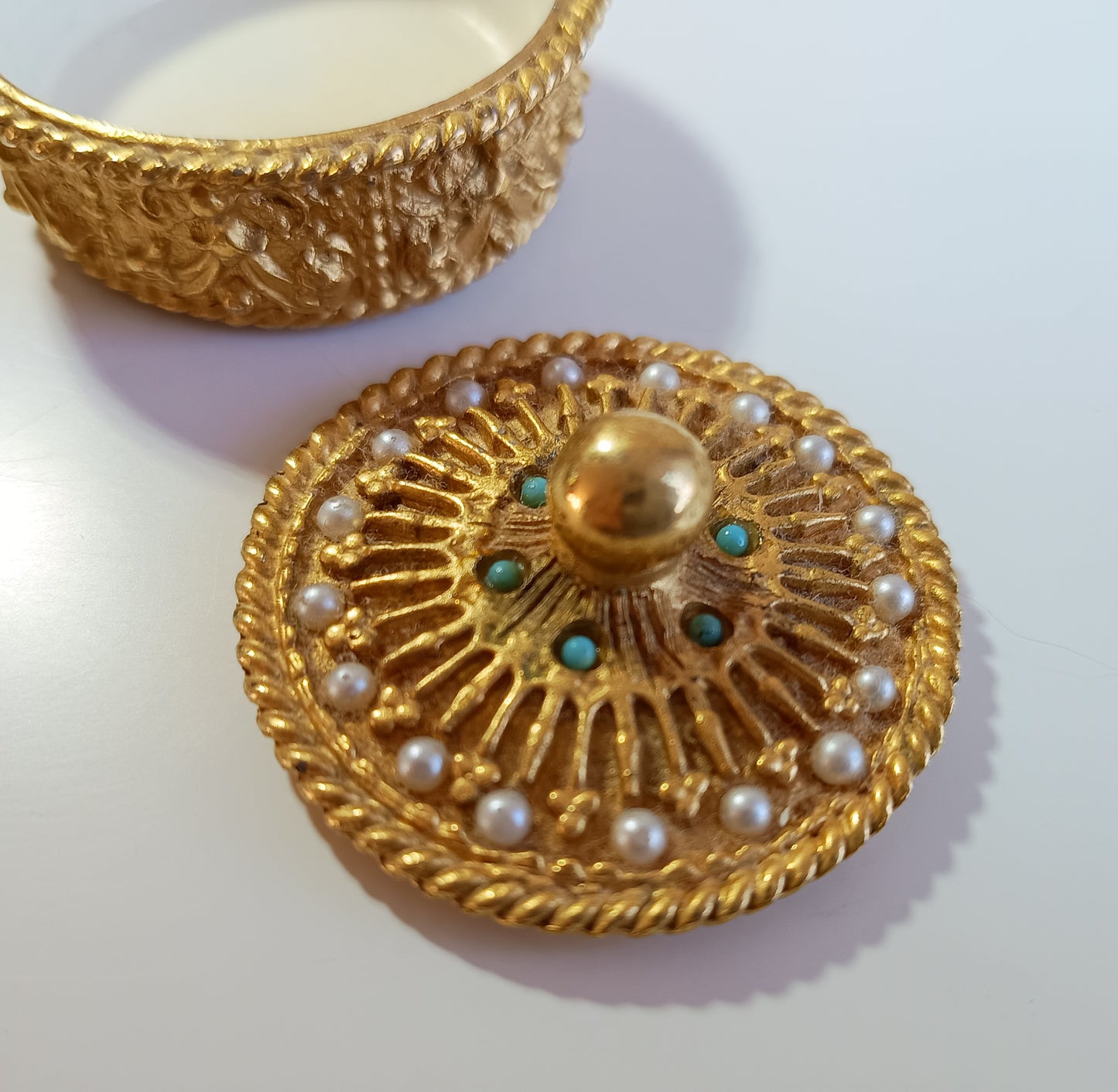 Vintage Mirella Faux Turquoise Seed Pearl Pill Box or Trinket Ring Box made in England c 1960s