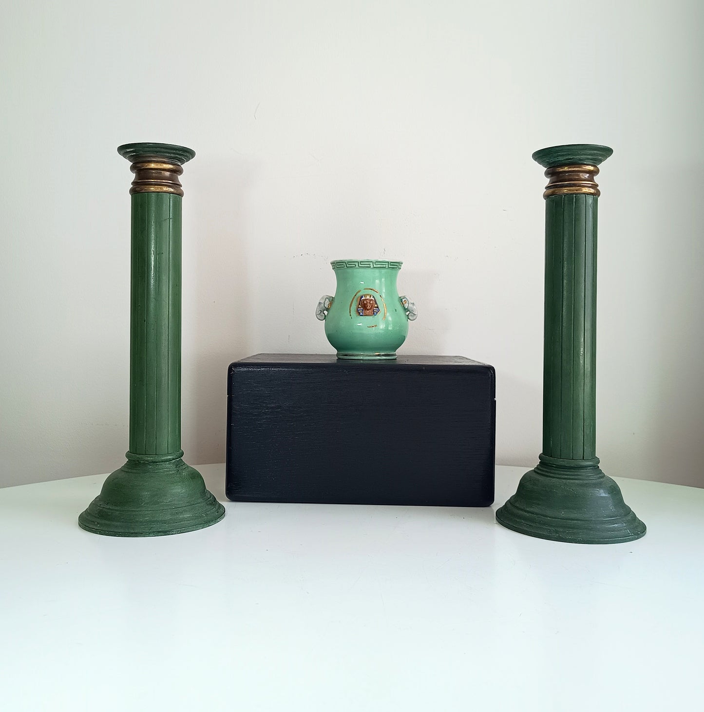 Pair of Grand Heavy Bronze Neoclassical Column 3-Part Candlesticks in the style or by Jacques Adnet c 1930s Empire Revival Art Deco France
