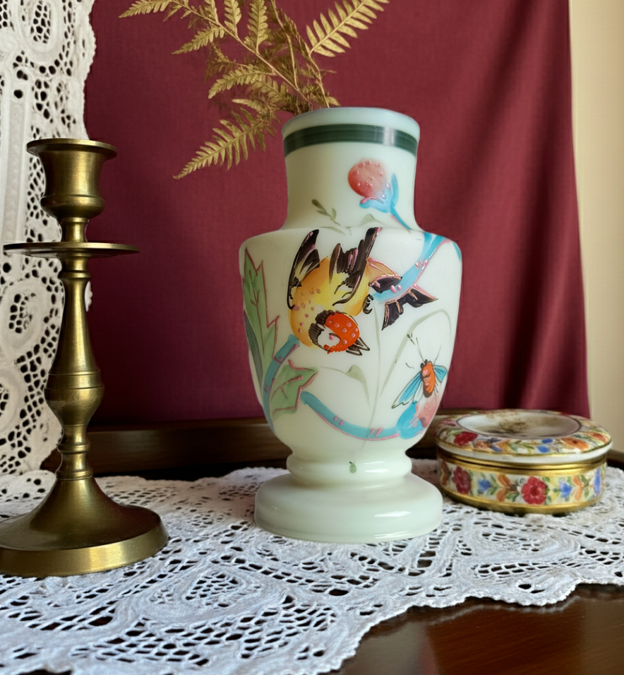 Vintage Uranium Opaline Glass Cabinet Vase: Aesthetic Movement Japonisme Enamel