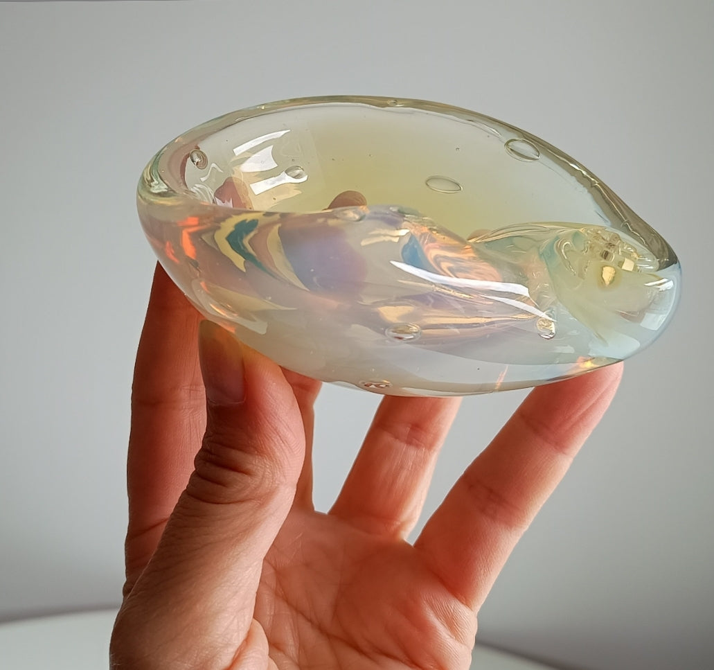 Authentic Vintage Midcentury Murano Opalescent  Art Glass Bowl with Controlled Bubbles in Off White with Rainbow Pink and Yellow Flare