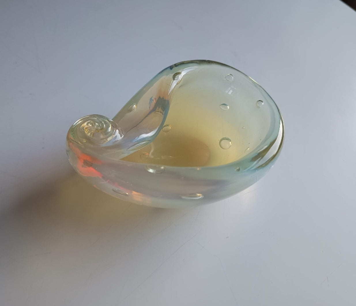 Authentic Vintage Midcentury Murano Opalescent  Art Glass Bowl with Controlled Bubbles in Off White with Rainbow Pink and Yellow Flare
