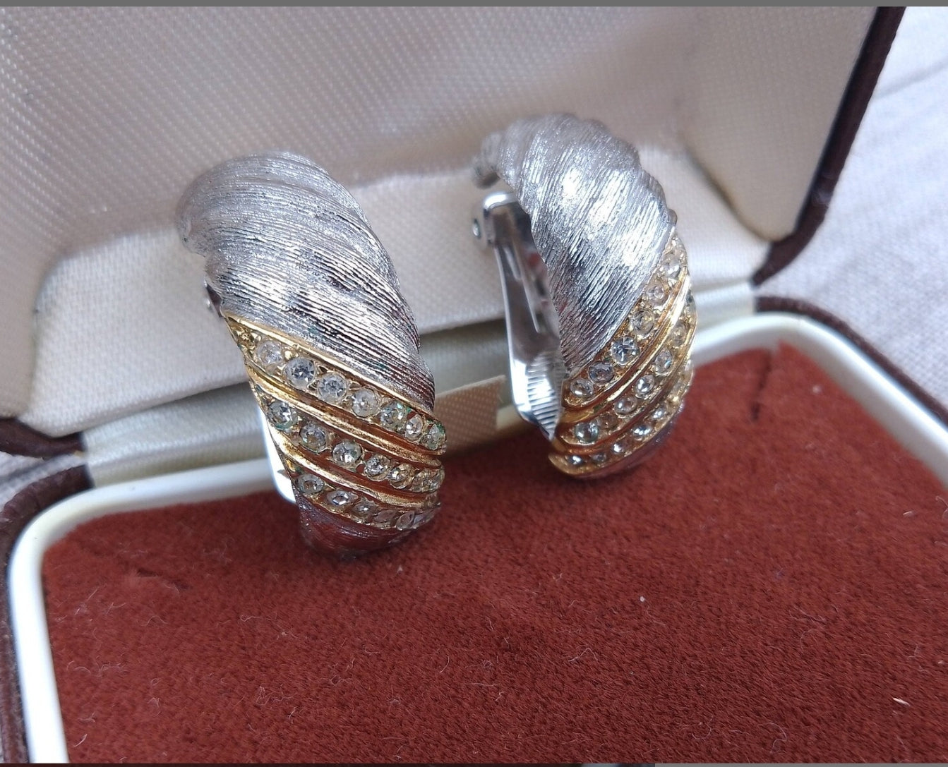 Christian Dior - Authentic Vintage Half Hoops Earrings in White Gold Tone with Lines of Crystals set in Yellow Gold Tone