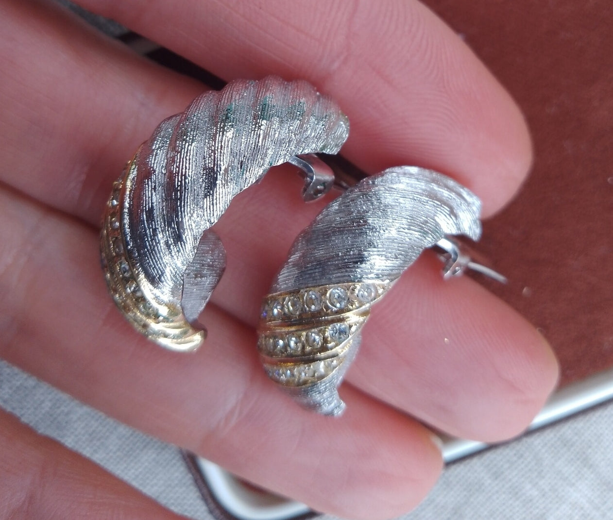 Christian Dior - Authentic Vintage Half Hoops Earrings in White Gold Tone with Lines of Crystals set in Yellow Gold Tone