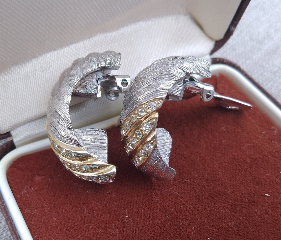 Christian Dior - Authentic Vintage Half Hoops Earrings in White Gold Tone with Lines of Crystals set in Yellow Gold Tone