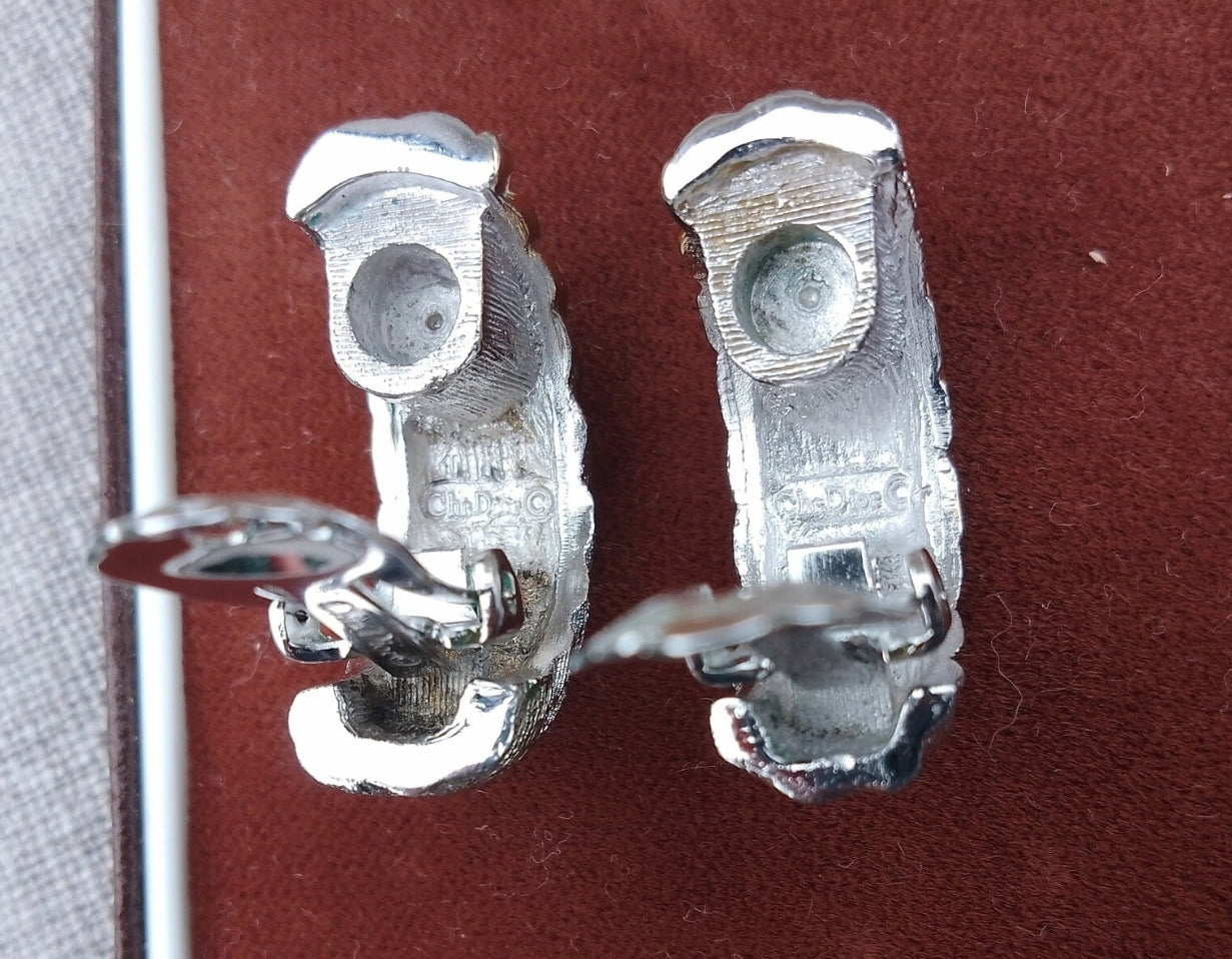 Christian Dior - Authentic Vintage Half Hoops Earrings in White Gold Tone with Lines of Crystals set in Yellow Gold Tone