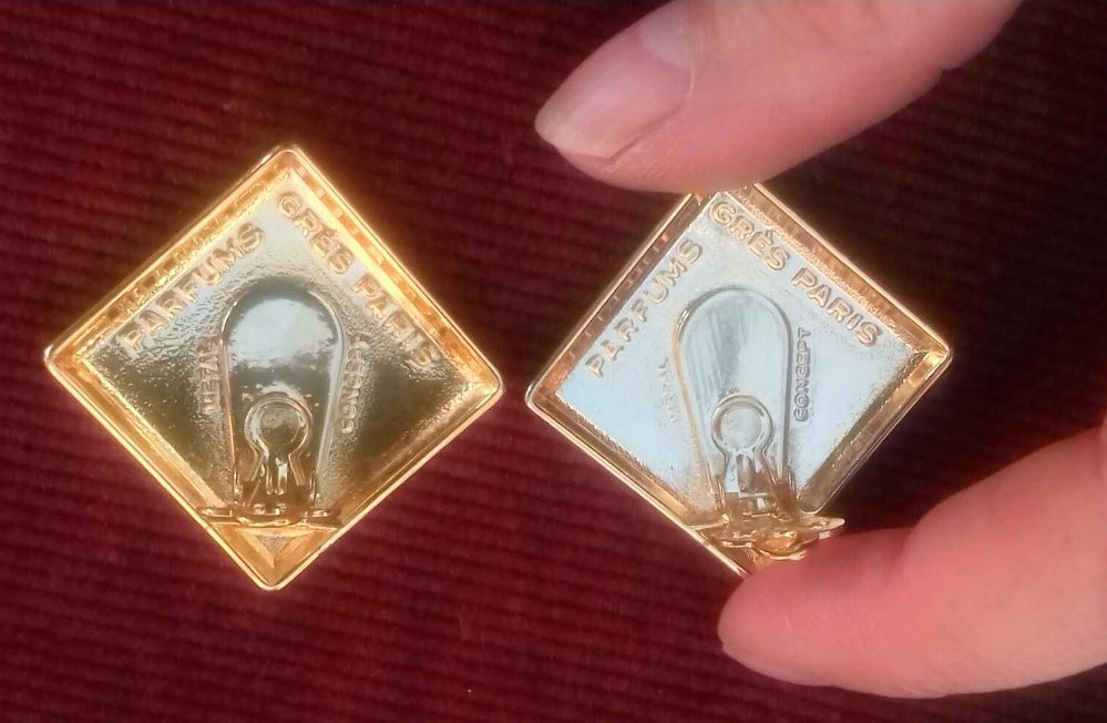 Madame Gres - Authentic Vintage French Couture Gold Plated Signed Logo Earrings by the Iconic French designer