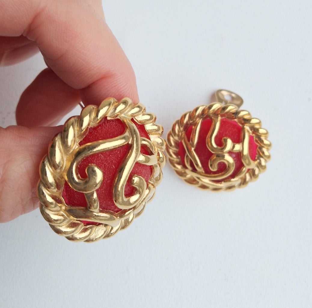 Guy Laroche Paris - Authentic Vintage French Couture Signed Clip on Earrings in Gold Tone Cage over Red Lucite Cabochons circa 1980s