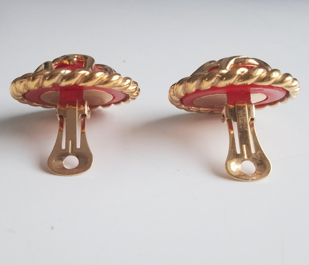 Guy Laroche Paris - Authentic Vintage French Couture Signed Clip on Earrings in Gold Tone Cage over Red Lucite Cabochons circa 1980s
